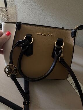 Michael Kors KRIS Small Leather Satchel in Tan, Cream & Brown